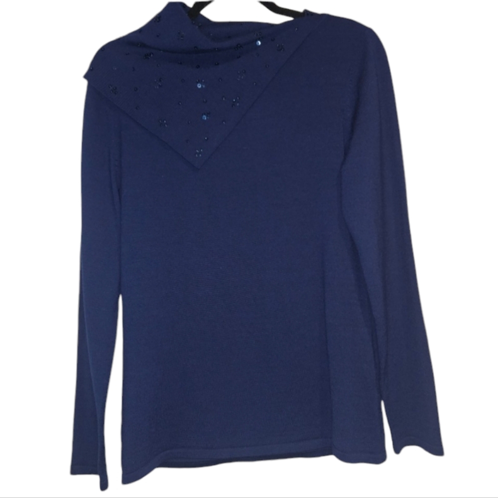 NWT! Wool Sweater Nurture Women's Medium Navy Blue Sequins Neckline NEW